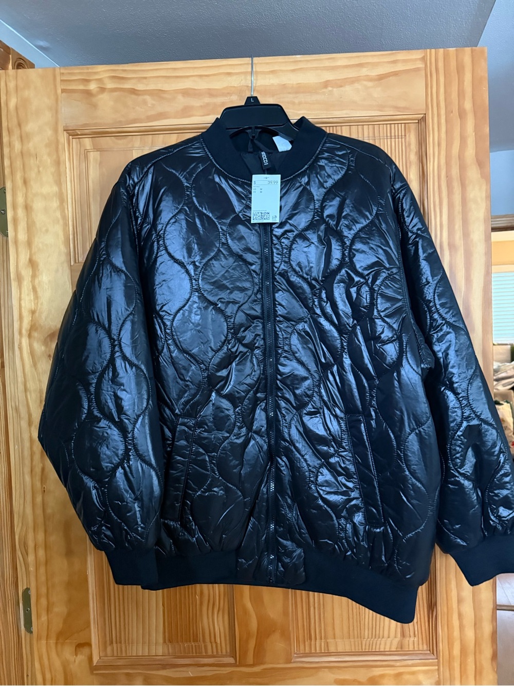 H&M Black Quilted Shiny Bomber Jacket